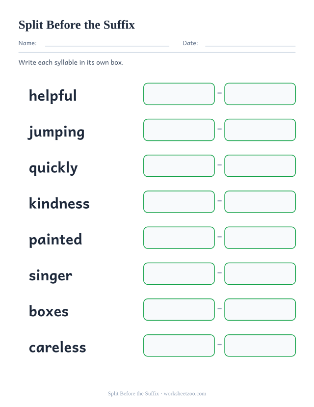 Syllable division worksheet, splitting helpful, jumping and six more words into boxes