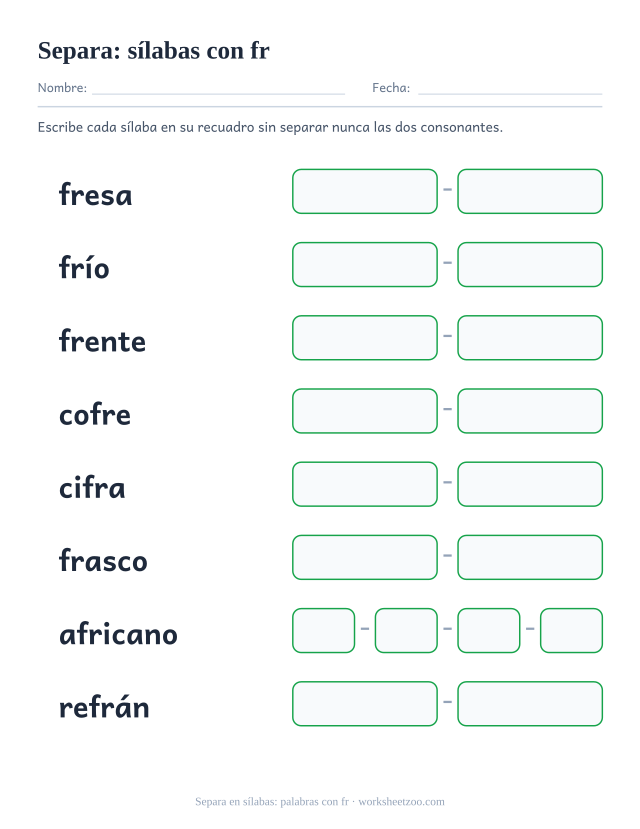 Ficha para separar en sílabas palabras con la trabada fr como fresa y frente