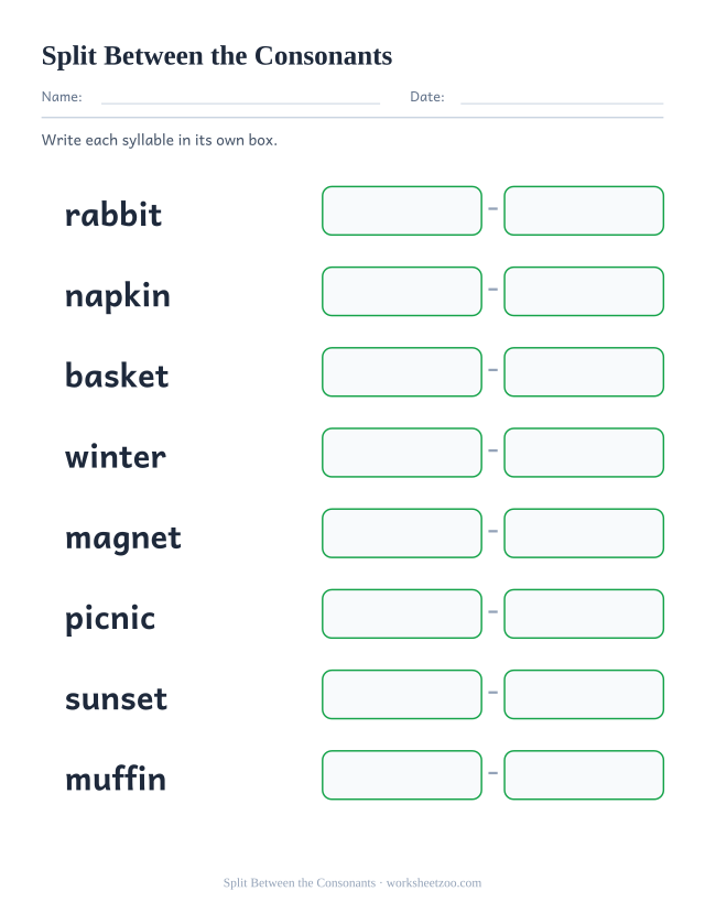 Syllable division worksheet, splitting rabbit, napkin and six more words into boxes