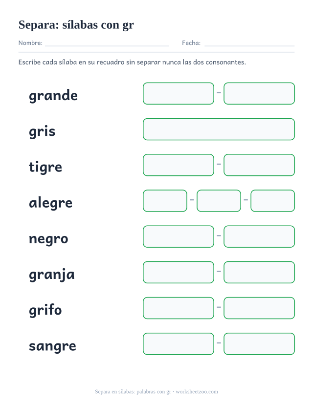 Ficha para separar en sílabas palabras con la trabada gr como grande y tigre