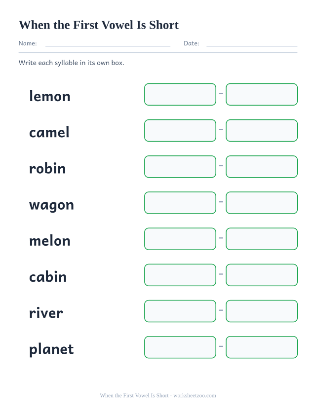 Syllable division worksheet, splitting lemon, camel and six more words into boxes