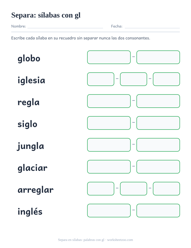Ficha para separar en sílabas palabras con la trabada gl como globo y regla