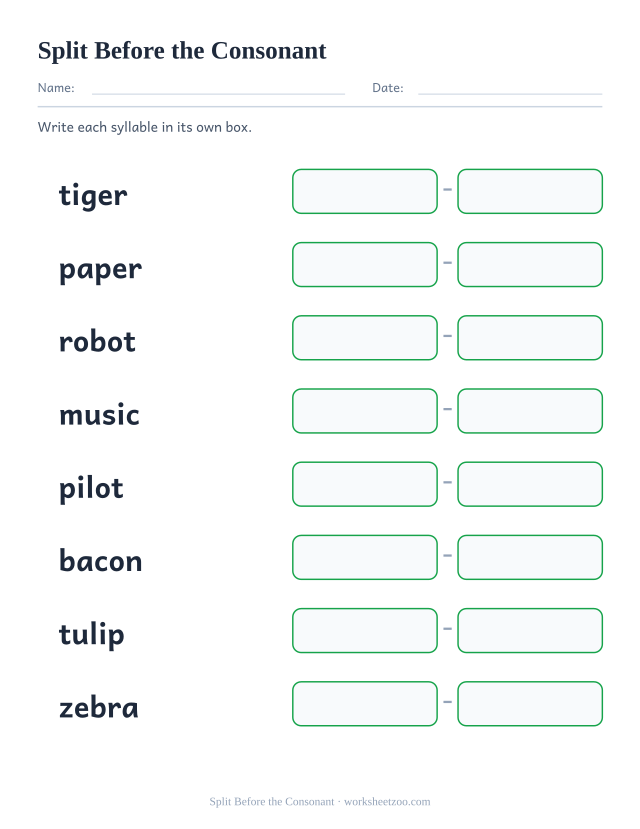 Syllable division worksheet, splitting tiger, paper and six more words into boxes