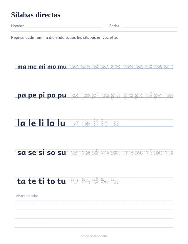 Ficha de sílabas directas con el patrón ma me mi mo mu repetido para cinco consonantes