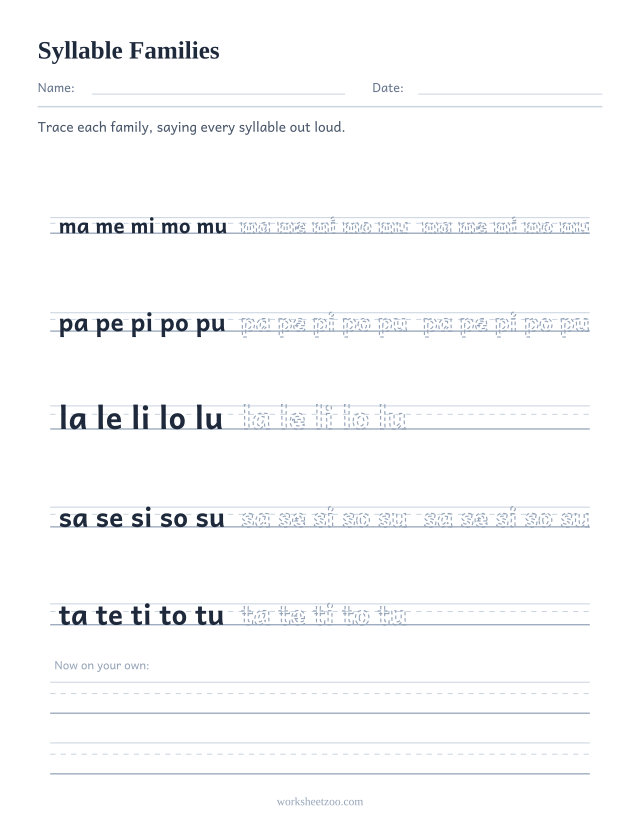 Syllable families worksheet with the ma me mi mo mu pattern repeated for five consonants