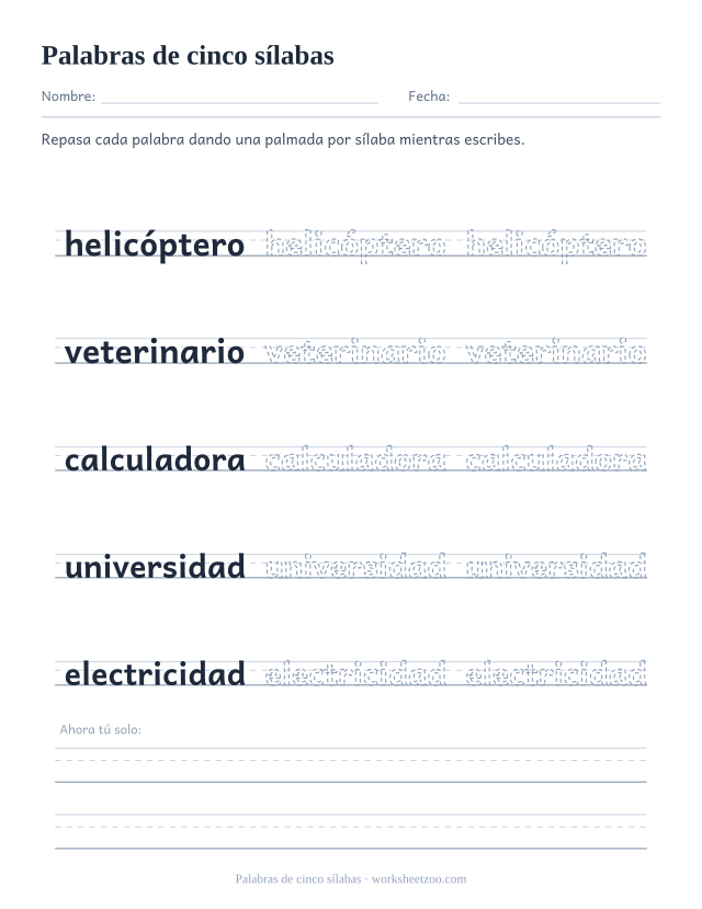 Ficha de Palabras de cinco sílabas para repasar helicóptero, veterinario, calculadora, universidad, electricidad sobre pauta