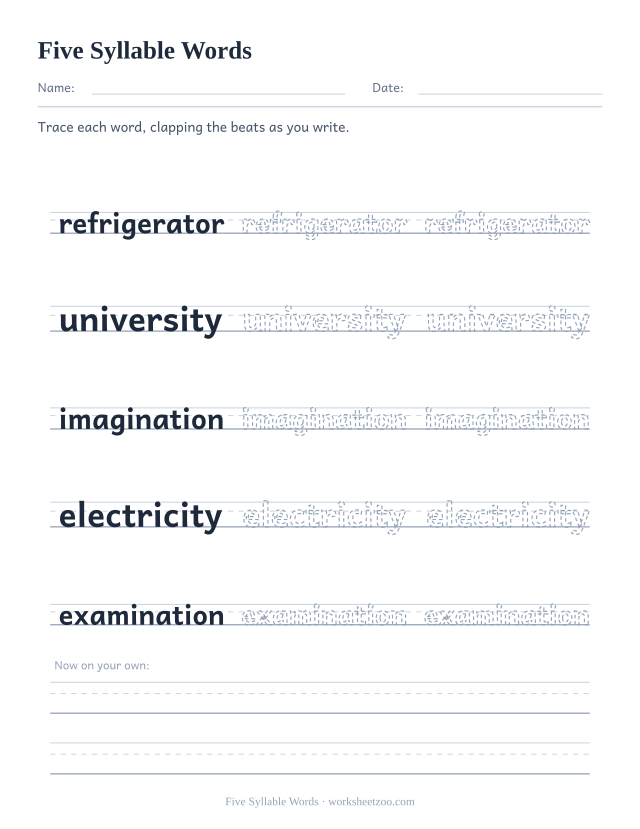 Five Syllable Words worksheet, tracing refrigerator, university, imagination, electricity, examination on handwriting guide lines