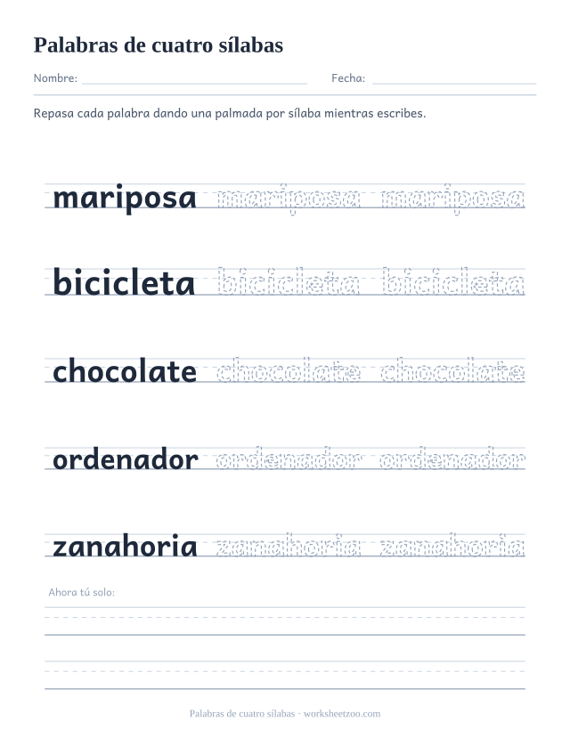Ficha de Palabras de cuatro sílabas para repasar mariposa, bicicleta, chocolate, ordenador, zanahoria sobre pauta