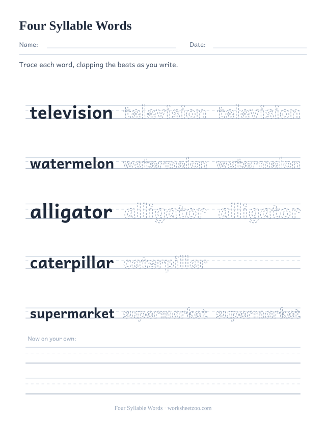 Four Syllable Words worksheet, tracing television, watermelon, alligator, caterpillar, supermarket on handwriting guide lines