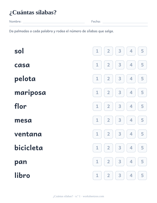 Ficha número 1 para contar sílabas en palabras como sol, casa, pelota y rodear el número