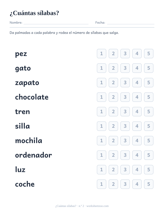 Ficha número 2 para contar sílabas en palabras como pez, gato, zapato y rodear el número