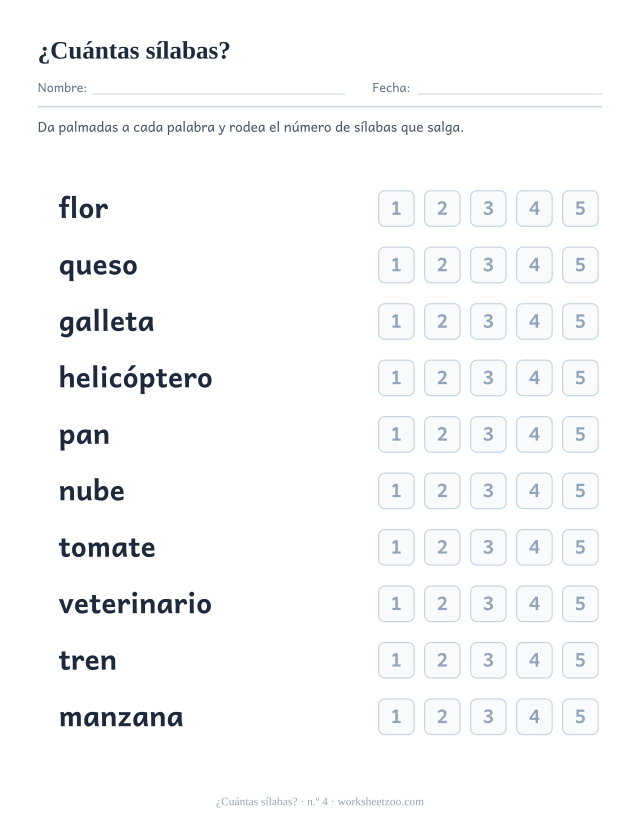 Ficha número 4 para contar sílabas en palabras como flor, queso, galleta y rodear el número