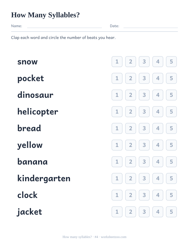 How many syllables worksheet number 4 with words such as snow, pocket, dinosaur and the numbers one to five to circle