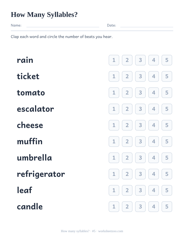 How many syllables worksheet number 5 with words such as rain, ticket, tomato and the numbers one to five to circle