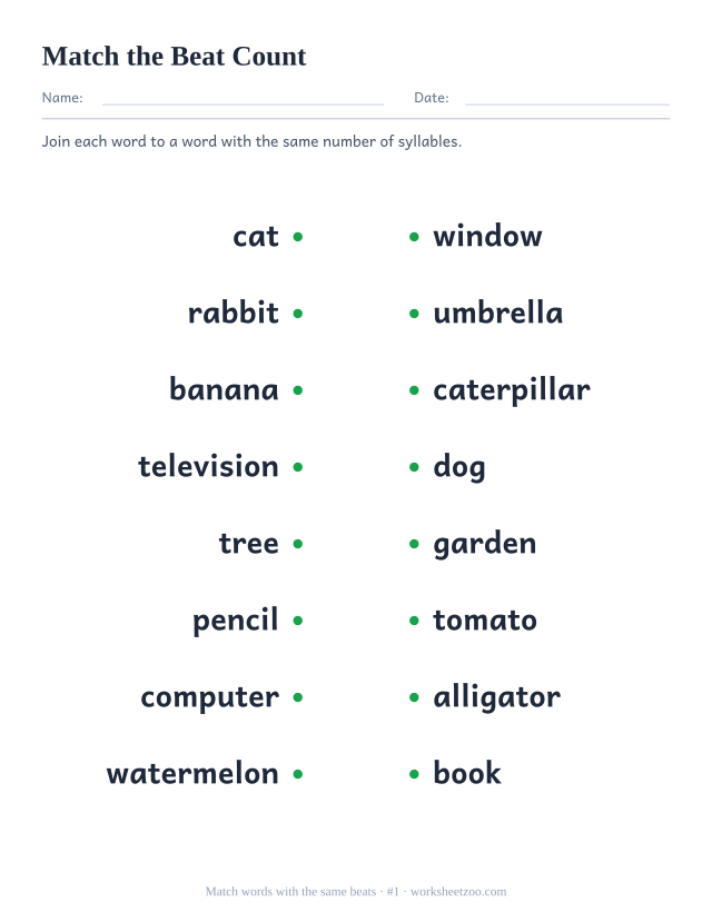 Syllable matching worksheet number 1 joining cat, rabbit and six more words to a partner with the same beat count