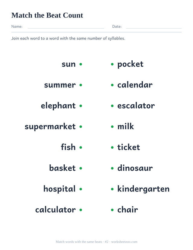 Syllable matching worksheet number 2 joining sun, summer and six more words to a partner with the same beat count