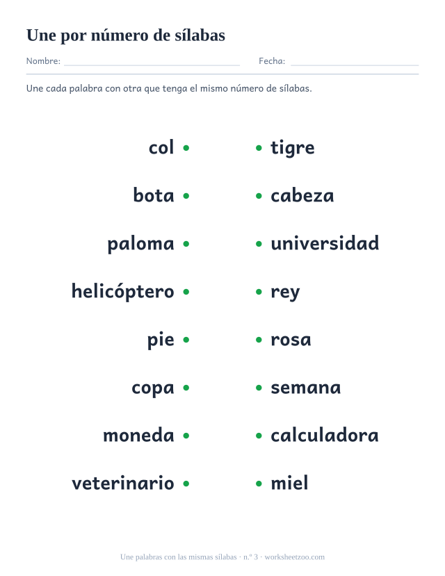 Ficha número 3 para unir col, bota y seis palabras más con otra del mismo número de sílabas
