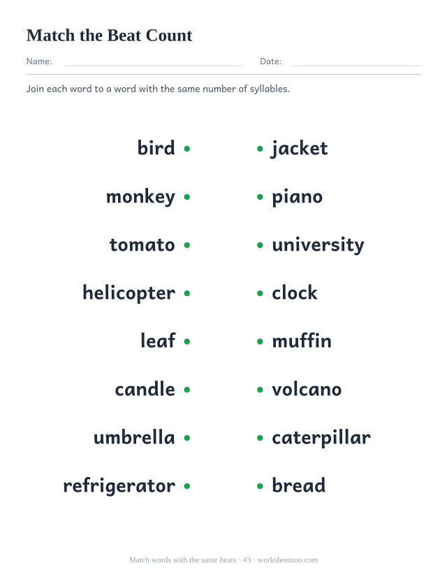 Syllable matching worksheet number 3 joining bird, monkey and six more words to a partner with the same beat count