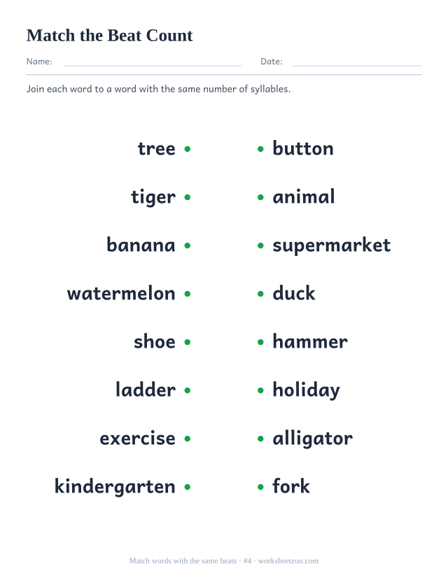 Syllable matching worksheet number 4 joining tree, tiger and six more words to a partner with the same beat count