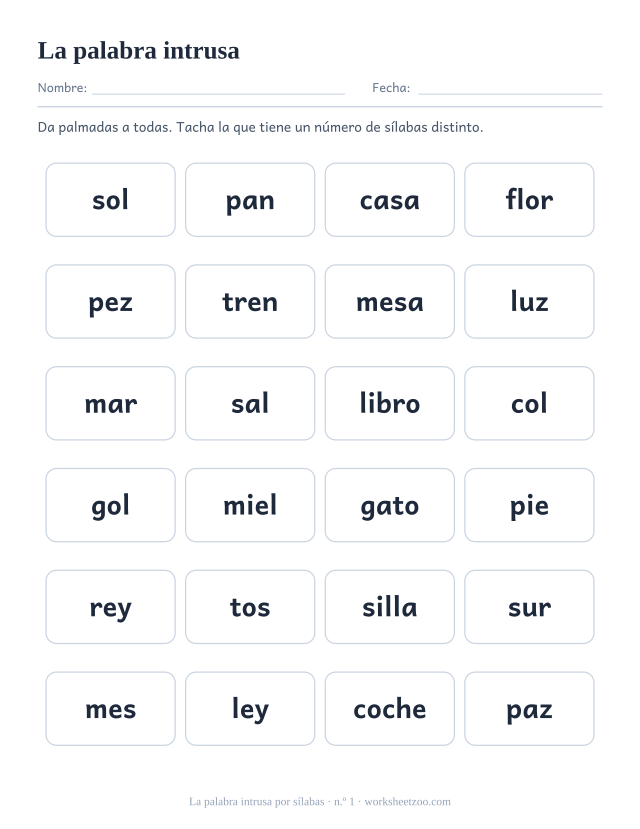 Ficha número 1 de la palabra intrusa por sílabas, seis filas de cuatro palabras con una distinta