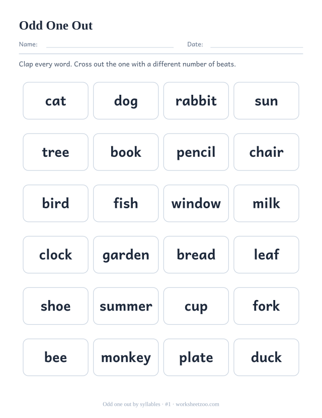 Syllable odd one out worksheet number 1, six rows of four words with one different beat count per row