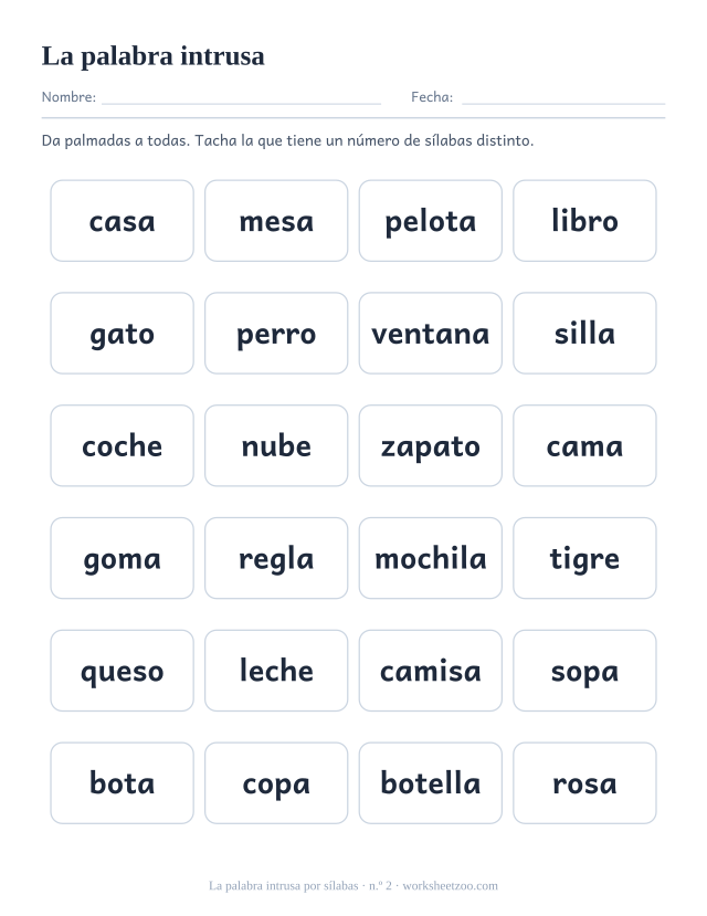 Ficha número 2 de la palabra intrusa por sílabas, seis filas de cuatro palabras con una distinta
