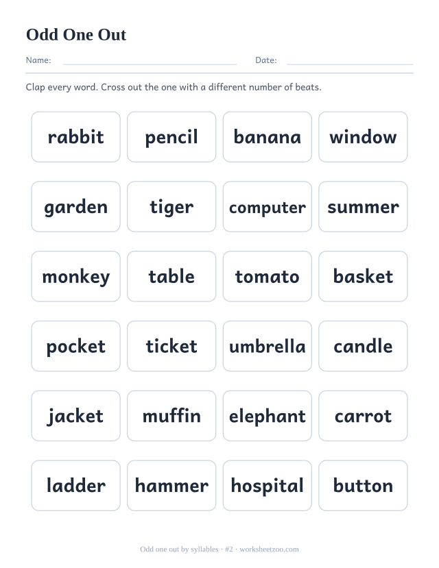 Syllable odd one out worksheet number 2, six rows of four words with one different beat count per row