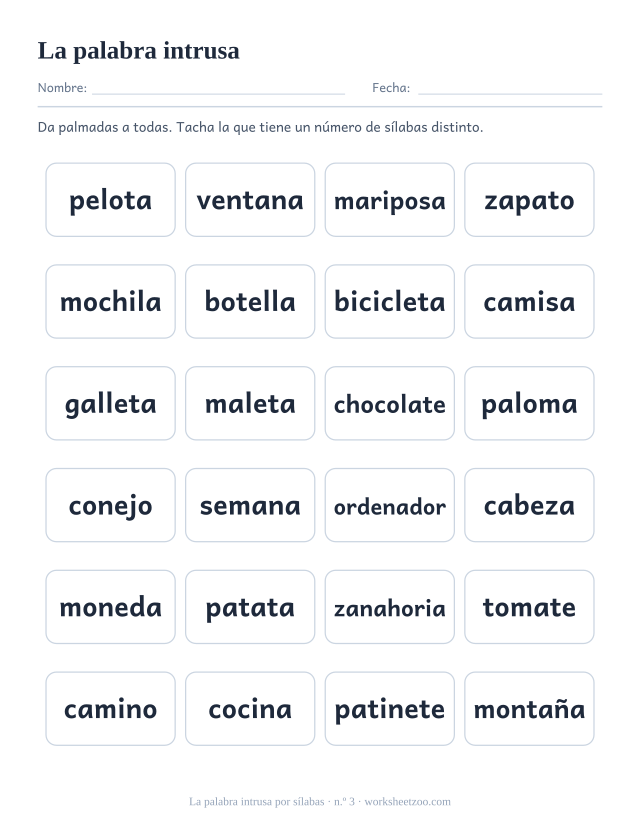 Ficha número 3 de la palabra intrusa por sílabas, seis filas de cuatro palabras con una distinta