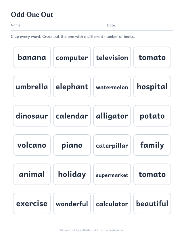 Syllable odd one out worksheet number 3, six rows of four words with one different beat count per row
