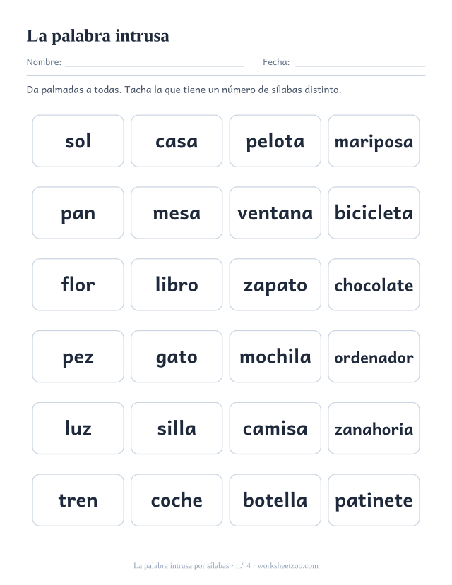 Ficha número 4 de la palabra intrusa por sílabas, seis filas de cuatro palabras con una distinta