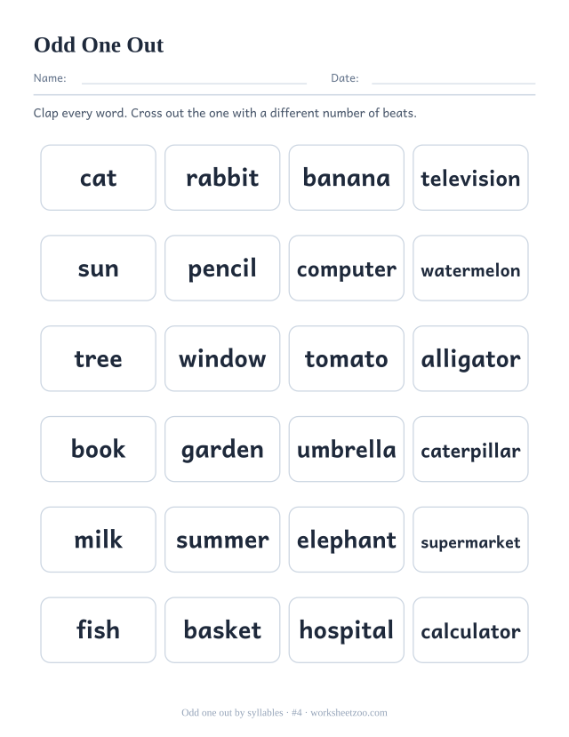 Syllable odd one out worksheet number 4, six rows of four words with one different beat count per row