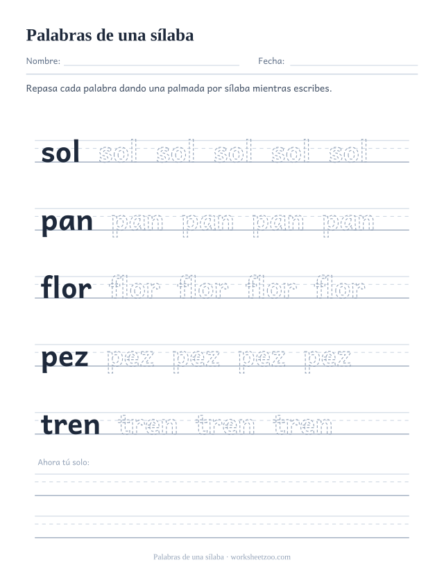 Ficha de Palabras de una sílaba para repasar sol, pan, flor, pez, tren sobre pauta