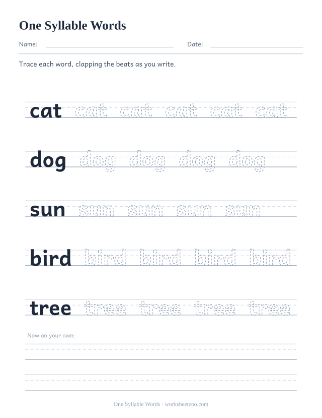 One Syllable Words worksheet, tracing cat, dog, sun, bird, tree on handwriting guide lines