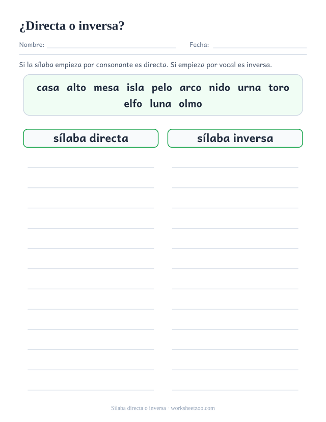 Ficha para clasificar doce palabras entre sílaba directa e inversa, con casa, alto, mesa e isla