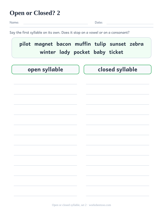 Second open and closed syllable worksheet with pilot, magnet, bacon and muffin among twelve words to sort