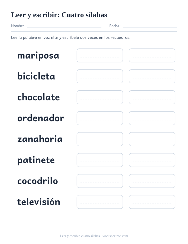 Ficha de leer y escribir con ocho palabras de Cuatro sílabas como mariposa, bicicleta, chocolate y dos recuadros