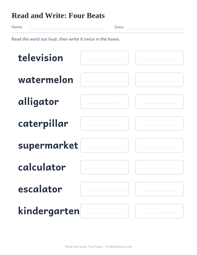 Read and write worksheet with eight Four Beats words including television, watermelon, alligator and two copy boxes each