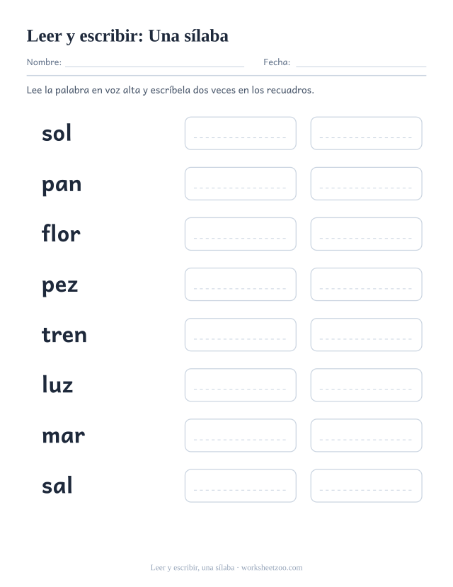 Ficha de leer y escribir con ocho palabras de Una sílaba como sol, pan, flor y dos recuadros