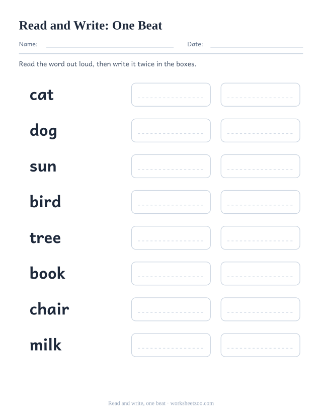 Read and write worksheet with eight One Beat words including cat, dog, sun and two copy boxes each