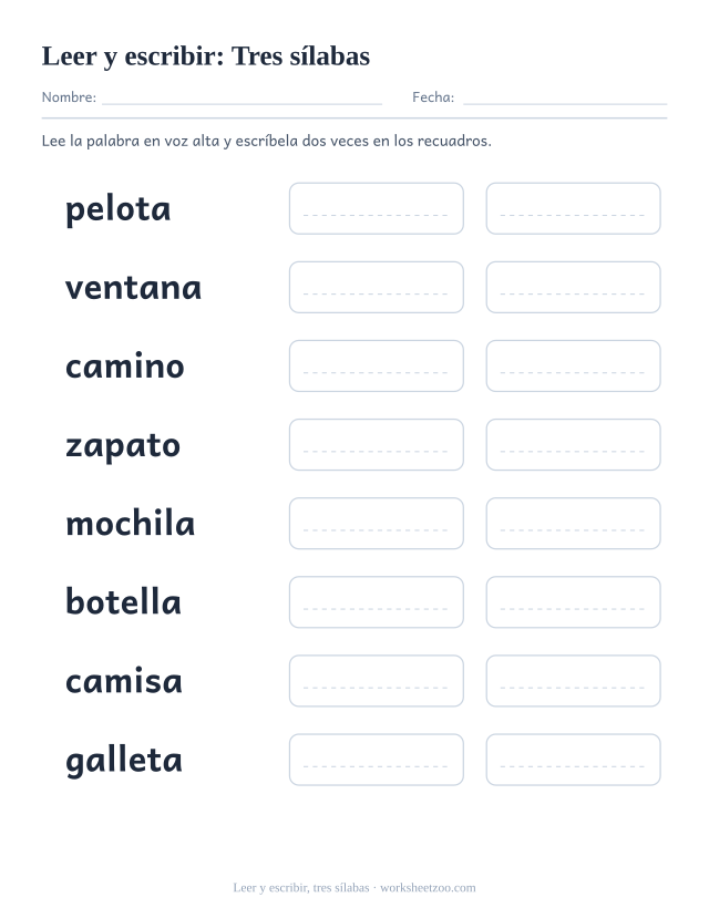 Ficha de leer y escribir con ocho palabras de Tres sílabas como pelota, ventana, camino y dos recuadros