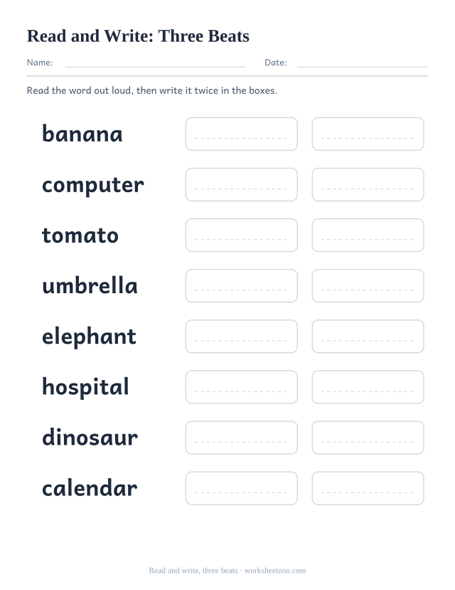 Read and write worksheet with eight Three Beats words including banana, computer, tomato and two copy boxes each