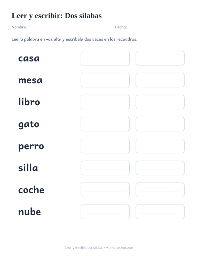 Ficha de leer y escribir con ocho palabras de Dos sílabas como casa, mesa, libro y dos recuadros