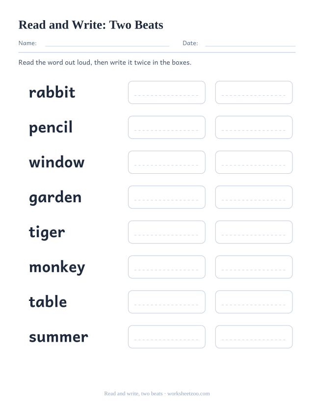 Read and write worksheet with eight Two Beats words including rabbit, pencil, window and two copy boxes each