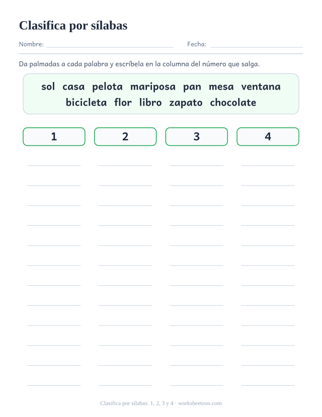 Ficha para clasificar doce palabras en 4 columnas según el número de sílabas