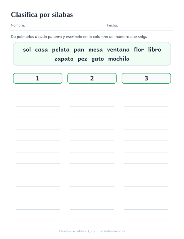 Ficha para clasificar doce palabras en 3 columnas según el número de sílabas