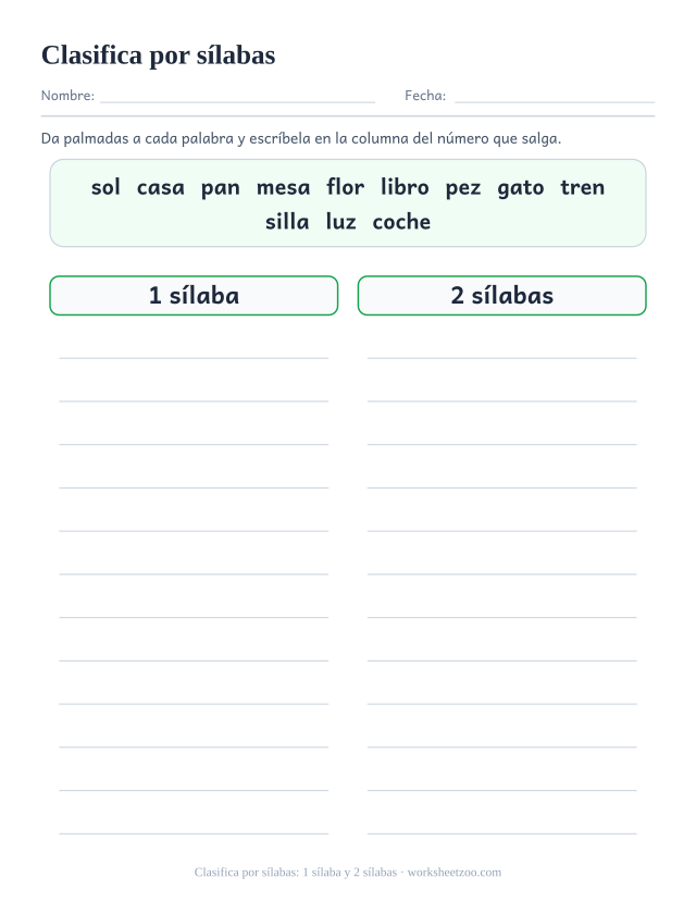 Ficha para clasificar doce palabras en 2 columnas según el número de sílabas