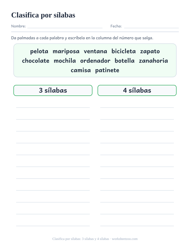 Ficha para clasificar doce palabras en 2 columnas según el número de sílabas