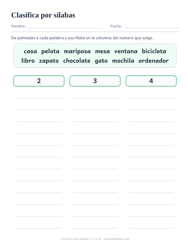 Ficha para clasificar doce palabras en 3 columnas según el número de sílabas