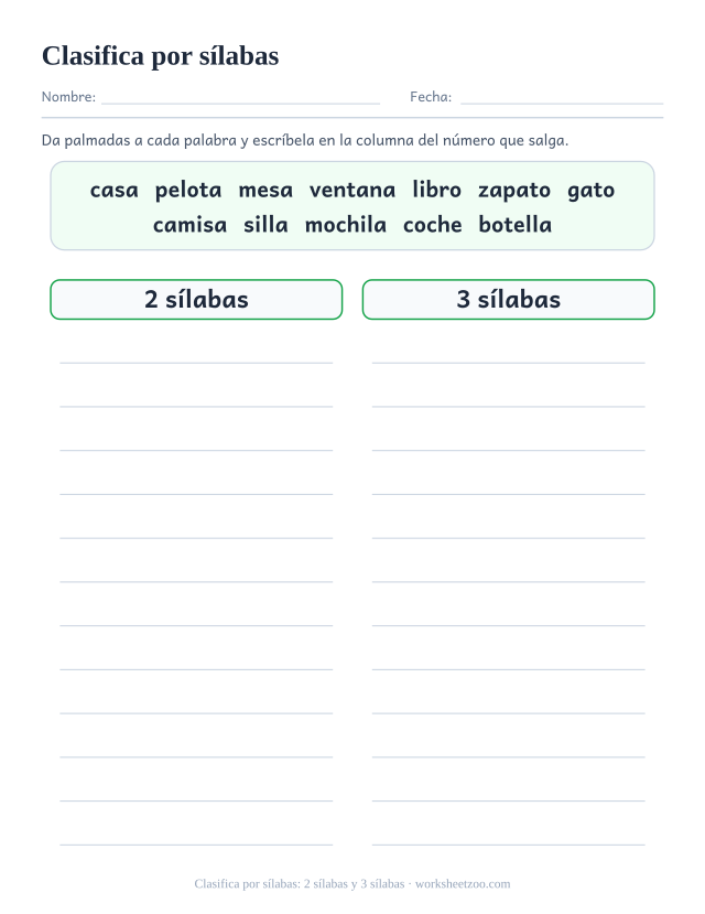 Ficha para clasificar doce palabras en 2 columnas según el número de sílabas