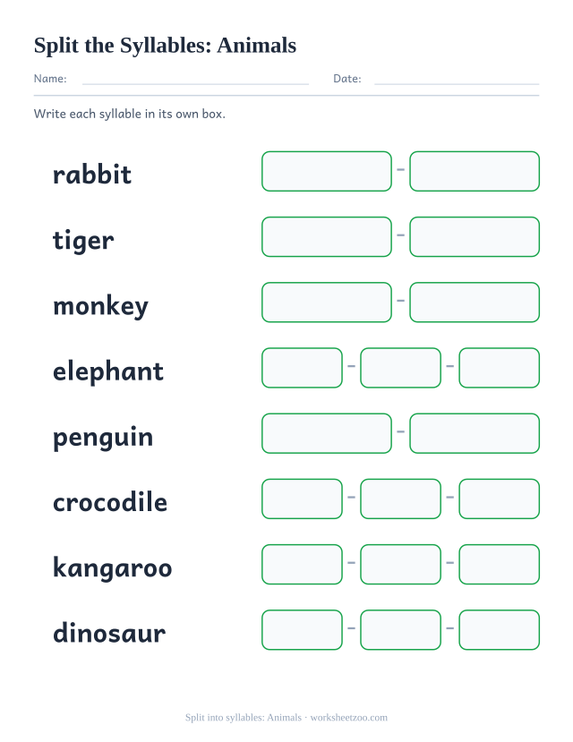 Splitting worksheet with eight animals words such as rabbit and elephant, one box per syllable